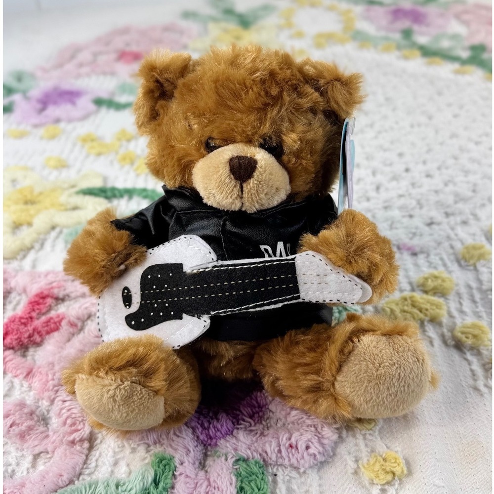 Plushland March of Dimes Rocker Teddy Bear Black Leather Jacket Guitar Plush 6"